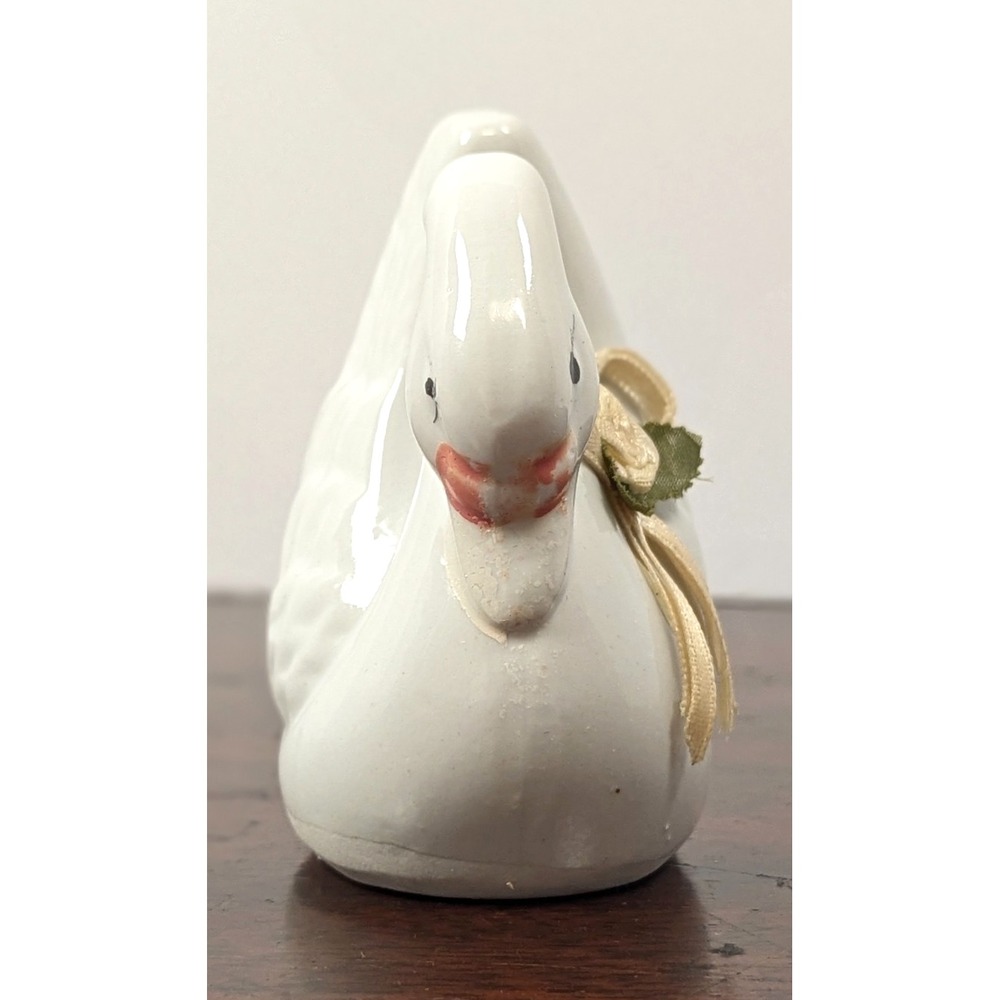 Vintage White Ceramic Swan Figurine Ribbon Rose Accent Glossy Bird 90s Decor - Picture 3 of 8